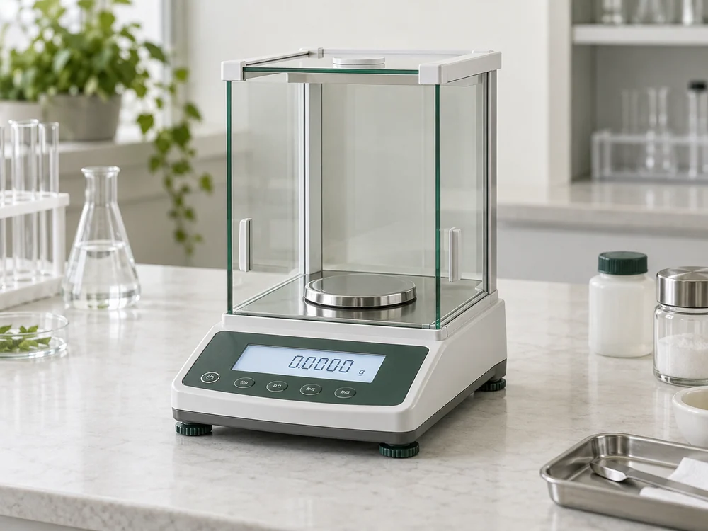 Laboratory balance with a glass draft shield and stainless weighing pan