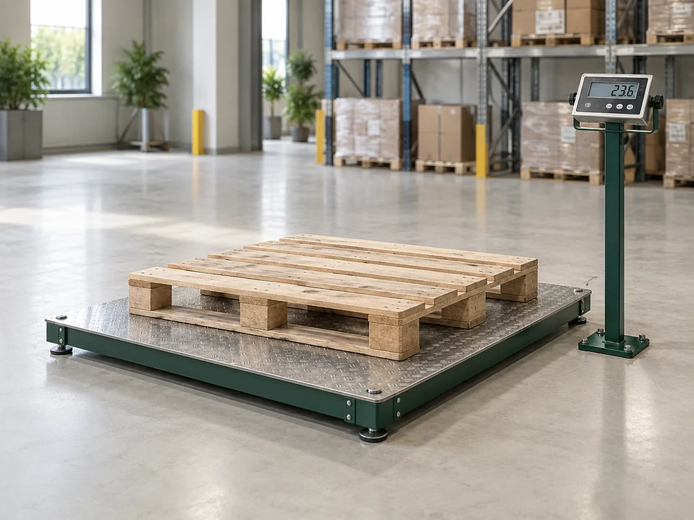 Wooden pallet on a low-profile floor scale with a digital indicator